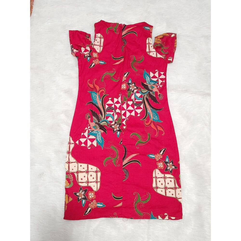 NEW Floral Red Batik Indonesian women Dress cold off shoulder Sz S stretchy